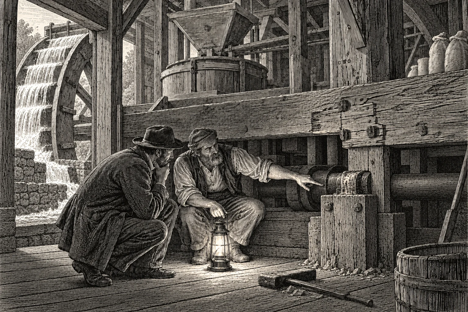 A miller shows a prospective buyer a worn bearing beneath the mill machinery.