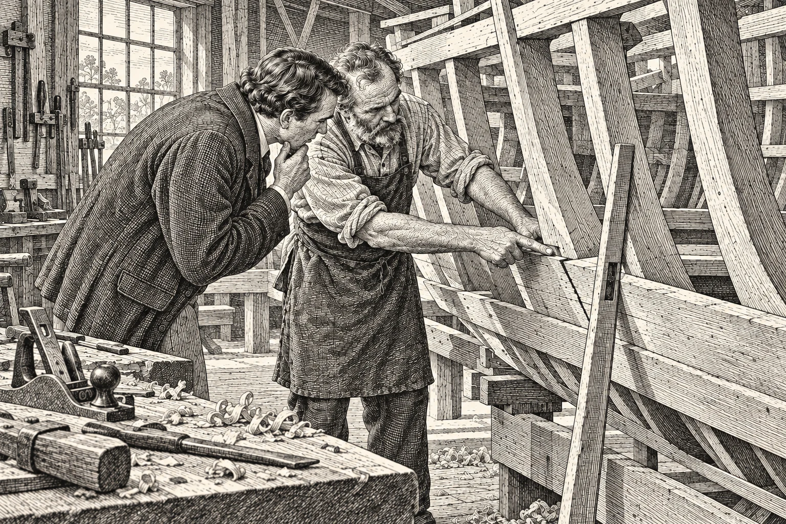 A boatwright points out a joint in an unfinished hull while a visitor examines it.
