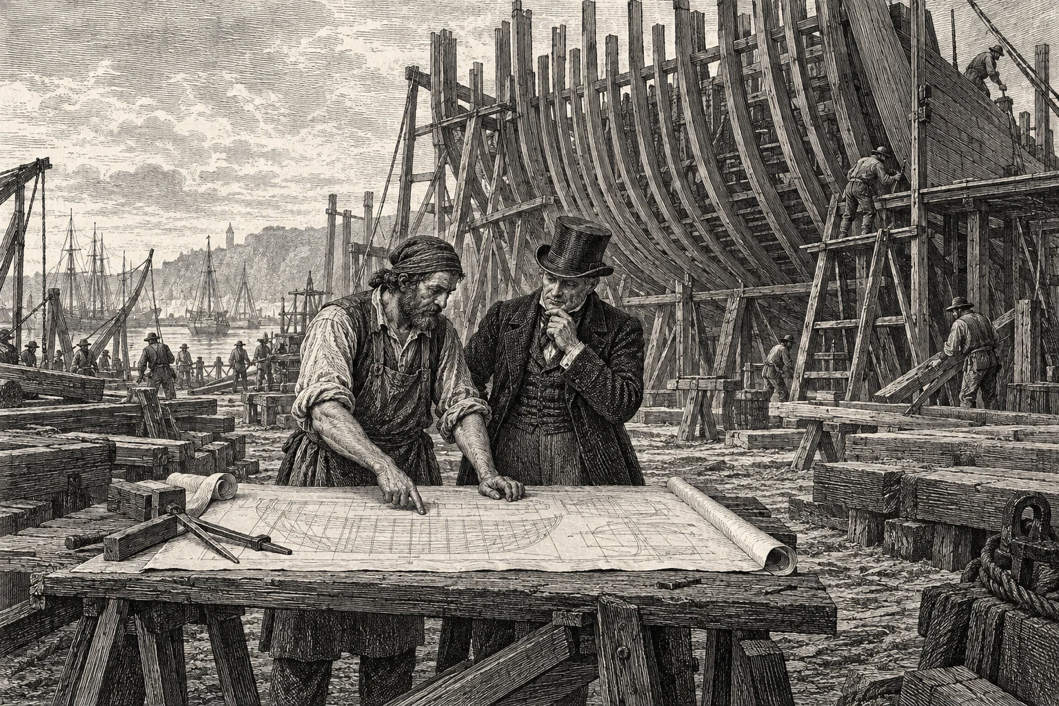 A shipbuilder and financier examine plans beside a large unfinished ship.