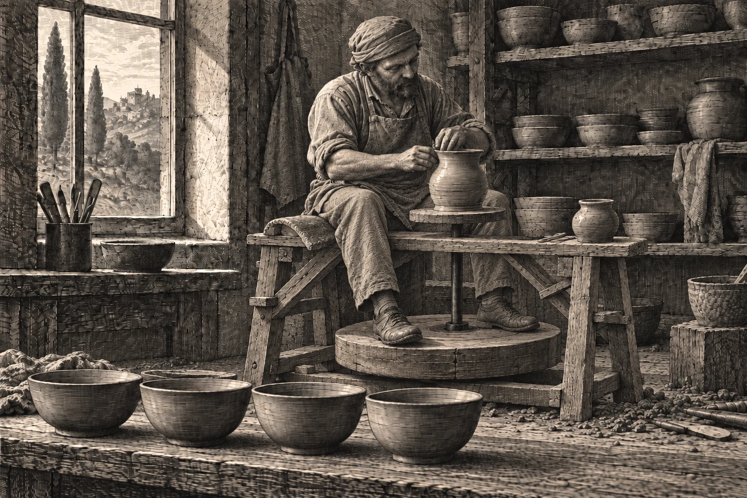 A potter shapes a new vessel, surrounded by finished bowls.