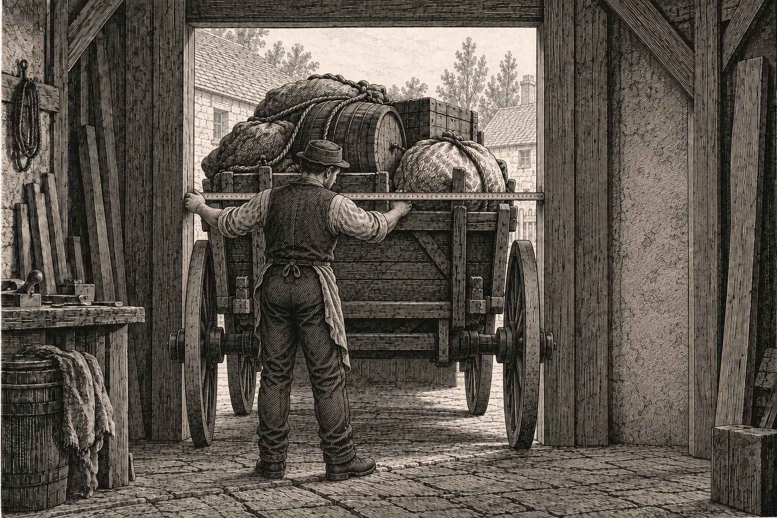 A worker measures a doorway in front of a heavily loaded cart.