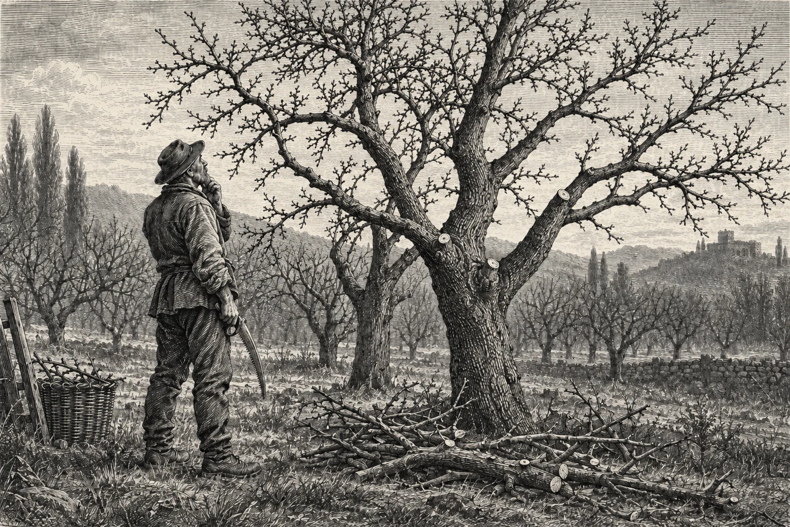 An orchard keeper considers a tree after pruning, with cut branches at its base.