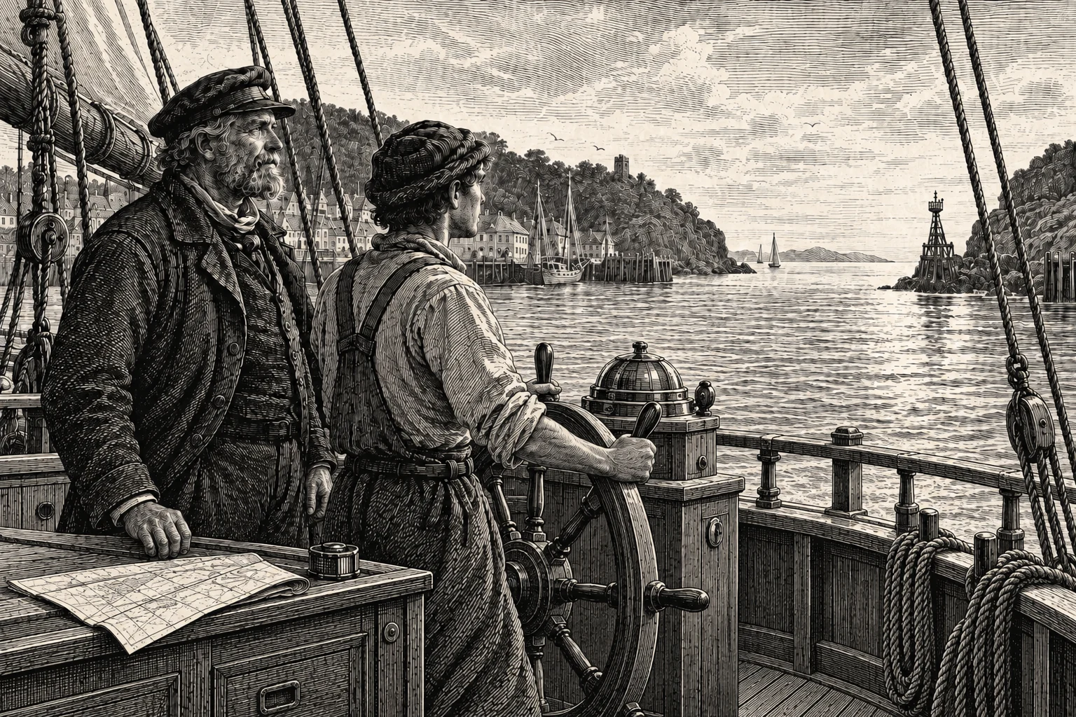 A younger helmsman steers a ship while an experienced captain stands beside him.