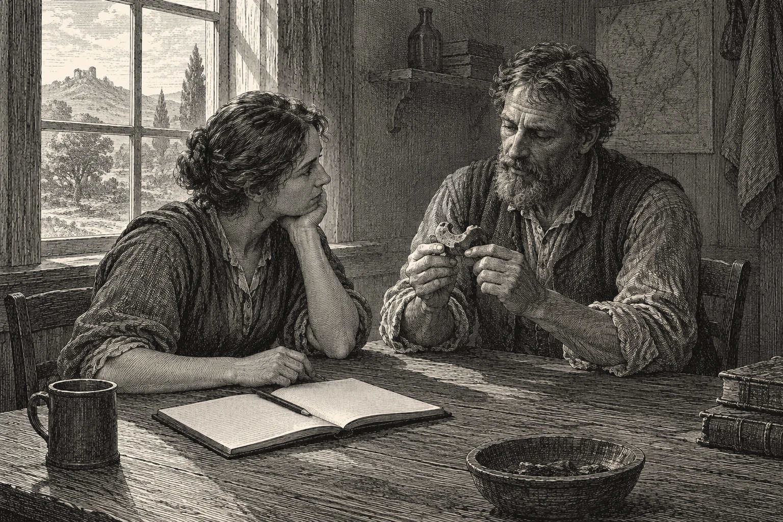 A woman listens as a craftsman explains a small object, an open notebook between them.
