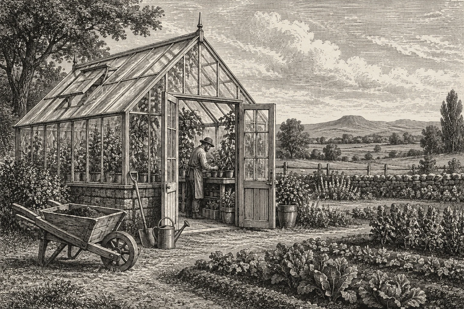 A gardener tends a modest greenhouse beside well-kept beds and open countryside.