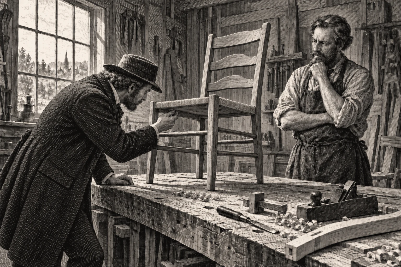 A customer examines the joinery beneath a handmade chair as its maker watches.